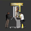 Yellow Easy Fuel Here Display Kiosk with People Interacting Around and Advertisement Poster On It