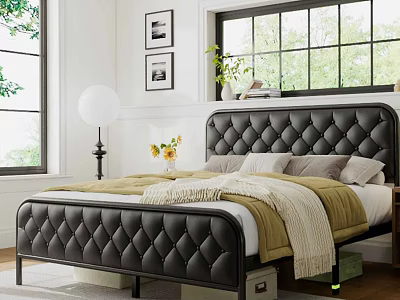 Stylish Bedroom Interior With Tufted Headboard Large Windows And Decorative Pillows 3d model