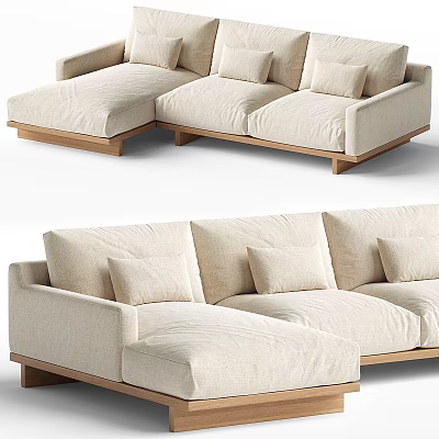 Modern Light Colored Fabric Double Sofa With Wooden Legs And Comfortable Cushions 3d model