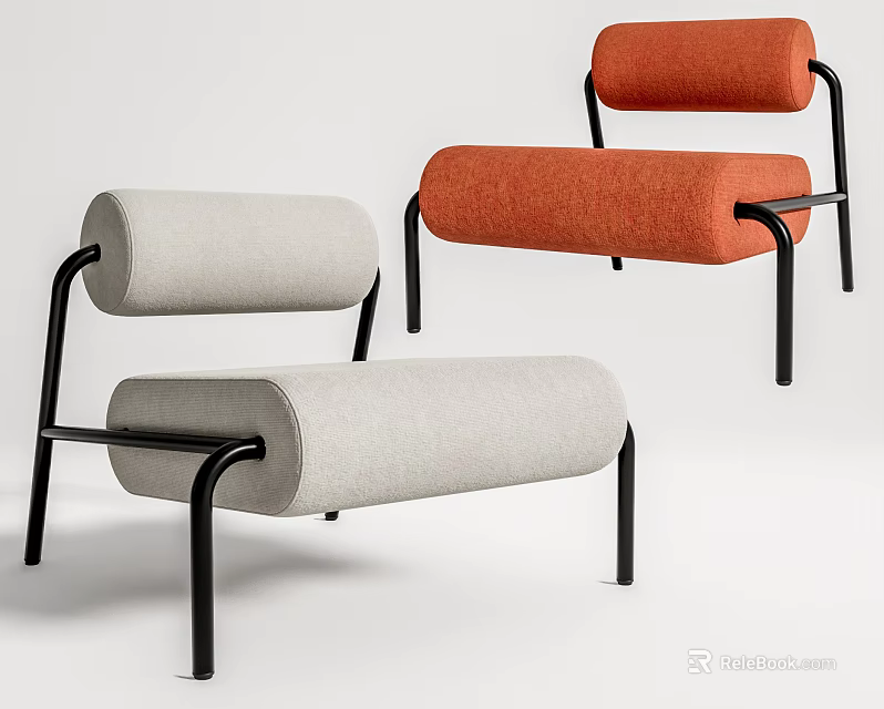 Modern Minimalist Single Sofa With Gray Orange Fabric And Black Metal Frame 3d model 
