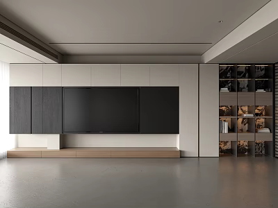 Modern TV Wall Design with Black Cabinets Integrated TV and Side Open Shelves 3d model
