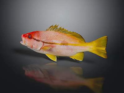 Red Headed Yellow Finned Fish With Striped Body On Dark Background Reflection 3d model