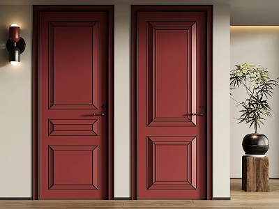 Red Modern Double Hinged Panel Doors in Interior with Indoor Plant and Wall Lamp 3d model