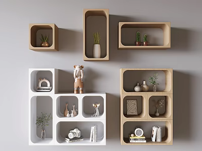 Modular Wooden Bookcase With Various Shaped Compartments Holding Books Plants And Decorative Items 3d model