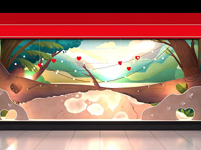 Natural Scenic Window Display With Heart Decorations Tree Branches And Sunlight 3d model