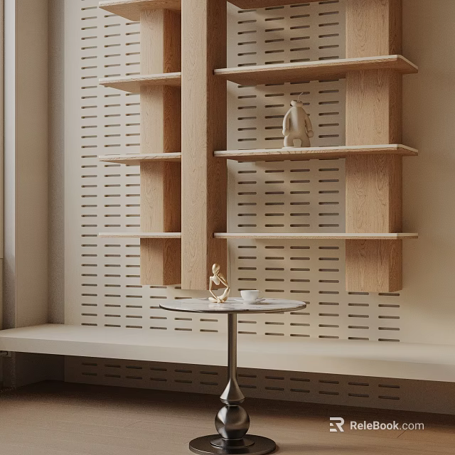 Modern Round Side Table With Small Figurine And Cup By Wooden Perforated Shelves 3d model 