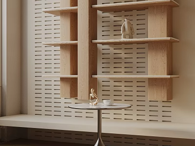 Modern Round Side Table With Small Figurine And Cup By Wooden Perforated Shelves 3d model