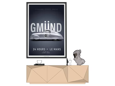 GMIND 24 Hours Le Mans Poster With Silver Car And Decor On Geometric Cabinet 3d model