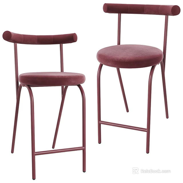 Modern Burgundy Velvet Bar Stools With Metal Legs And Curved Backrest Design 3d model 
