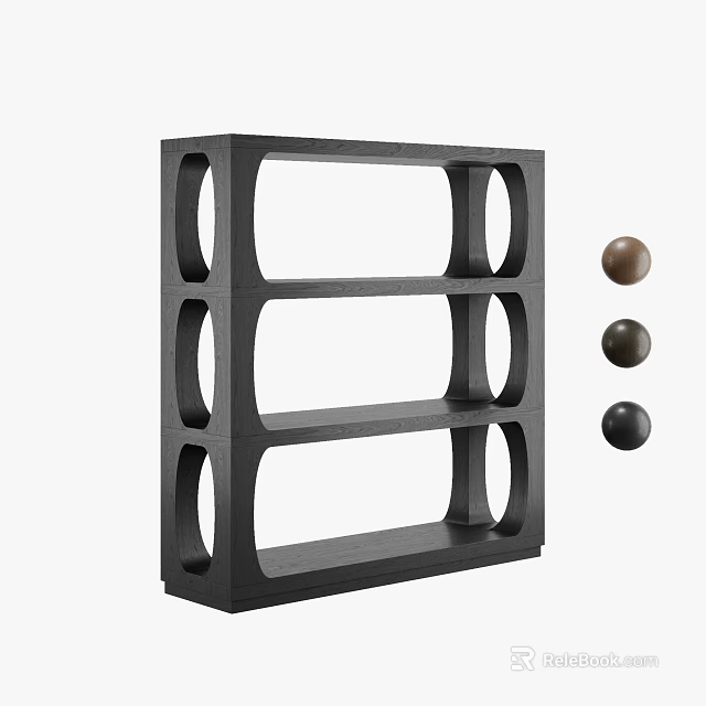 Modern Black Open Bookshelf With Circular Cutouts Tiered Shelves And Decorative Spheres 3d model 