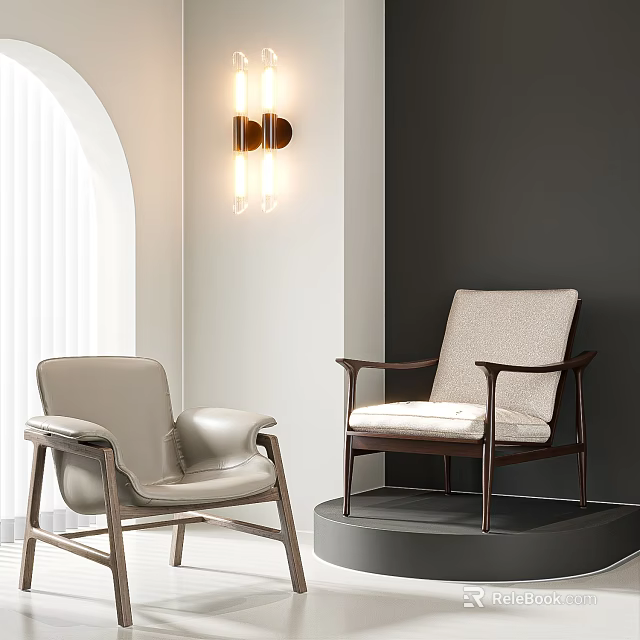 Two Modern Leisure Chairs Leather And Fabric With Wooden Arms In Interior Arch Window 3d model 
