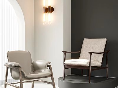 Two Modern Leisure Chairs Leather And Fabric With Wooden Arms In Interior Arch Window 3d model