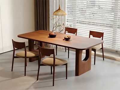 Modern Wooden Dining Table Set With Four Chairs Beige Seats Vase And Pendant Lamp 3d model