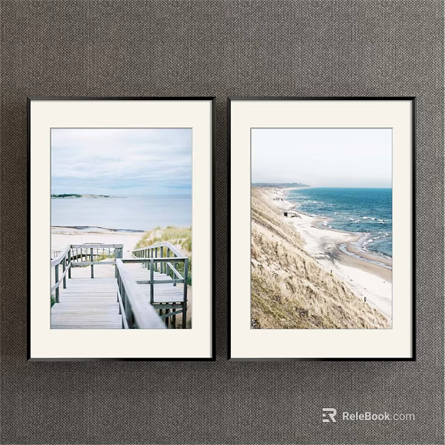 Two Framed Seaside Landscape Paintings With Wooden Boardwalk Railing Sandy Beach And Ocean Waves 3d model 