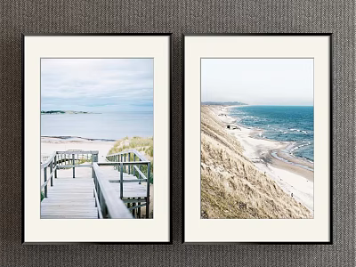Two Framed Seaside Landscape Paintings With Wooden Boardwalk Railing Sandy Beach And Ocean Waves 3d model