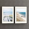 Two Framed Seaside Landscape Paintings With Wooden Boardwalk Railing Sandy Beach And Ocean Waves