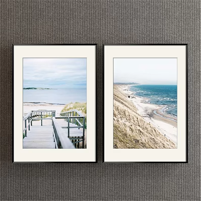Two Framed Seaside Landscape Paintings With Wooden Boardwalk Railing Sandy Beach And Ocean Waves 3d model