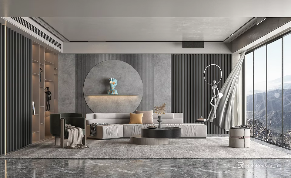 Modern Elegant Sofa And Coffee Table Set With Round Table Decorative Wall And Mountain View 3d model