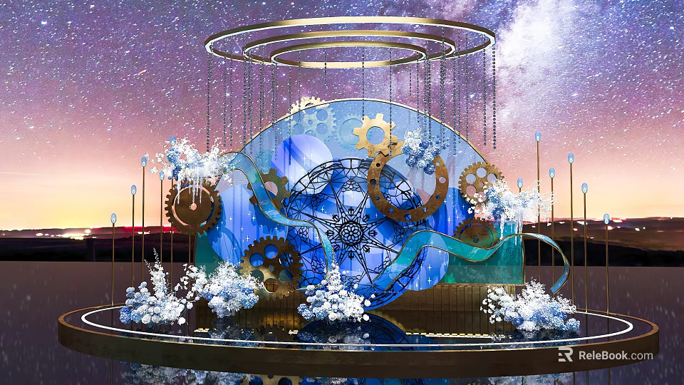 Elegant Floral Installation With Golden Gears Blue Wave Structure White Flowers And Starry Sky Background 3d model 