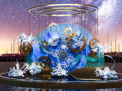 Elegant Floral Installation With Golden Gears Blue Wave Structure White Flowers And Starry Sky Background 3d model