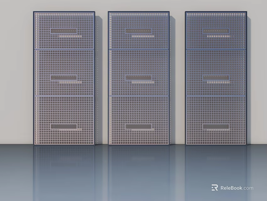 Three Hinged Doors With Grid Pattern Side By Side On Light Wall And Smooth Floor 3d model 