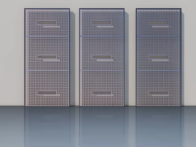 Three Hinged Doors With Grid Pattern Side By Side On Light Wall And Smooth Floor 3d model