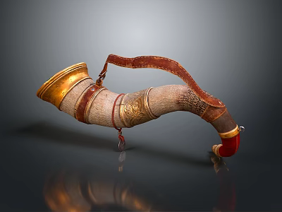 Decorative Horn Shaped Household Item With Golden Accents And Red Leather Strap 3d model