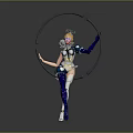 Game Movie Character in Blue White Mechanical Outfit With Crown Holding Black Hoop Standing Elegantly