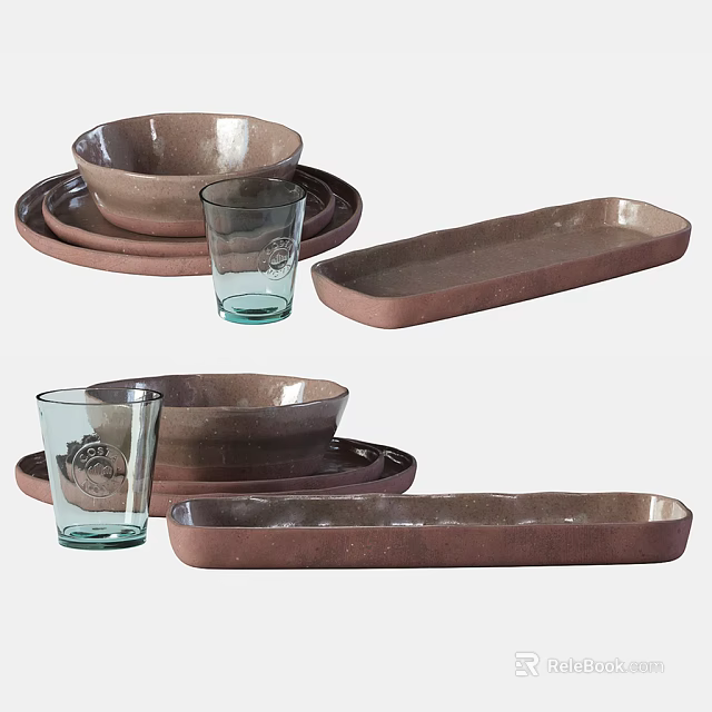 Brown Ceramic Tableware Set Including Bowls Plates Glasses And Trays 3d model 