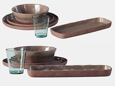 Brown Ceramic Tableware Set Including Bowls Plates Glasses And Trays 3d model