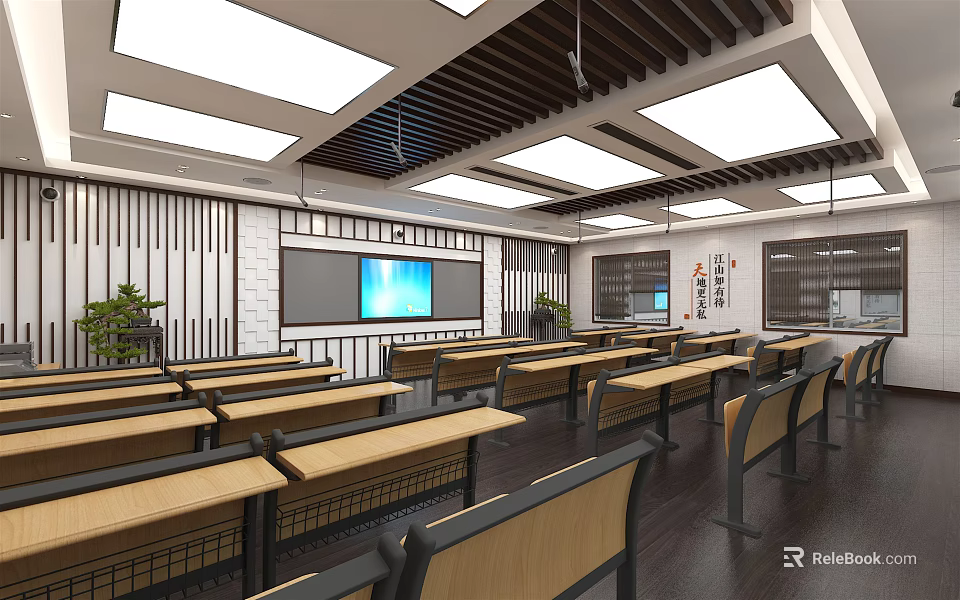 School Classroom Interior With Neat Desks Smart Whiteboard And Educational Posters 3d model 