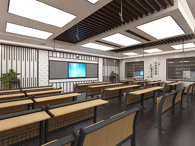 School Classroom Interior With Neat Desks Smart Whiteboard And Educational Posters 3d model