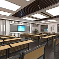School Classroom Interior With Neat Desks Smart Whiteboard And Educational Posters 3d model