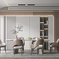 Modern Restaurant Interior With Round Dining Table Beige Chairs Vase Fruits Lit Bookshelf