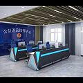 Modern Control Room With Multiple Computer Monitors Control Desks And Hexagonal Decorations 3d model