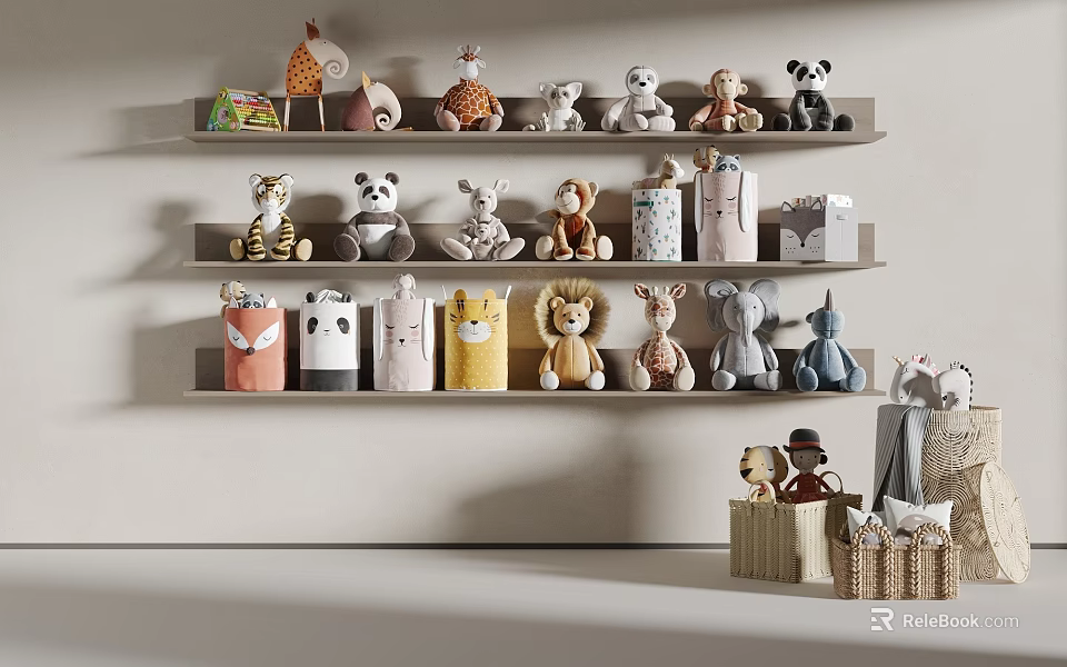 Cute Animal Stuffed Toys Arranged On Tiered Shelves With Various Designs 3d model 