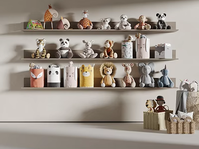 Cute Animal Stuffed Toys Arranged On Tiered Shelves With Various Designs 3d model