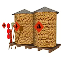Two Traditional Grain Silos With Red Fortune Characters Hanging Lanterns And Harvest Theme