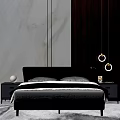 Modern Double Bed with Black Leather Headboard Marble Wooden Wall and Nightstand Lamps