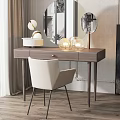 Modern Wooden Dressing Table With Round Mirror Table Lamp And Glass Vase Chair
