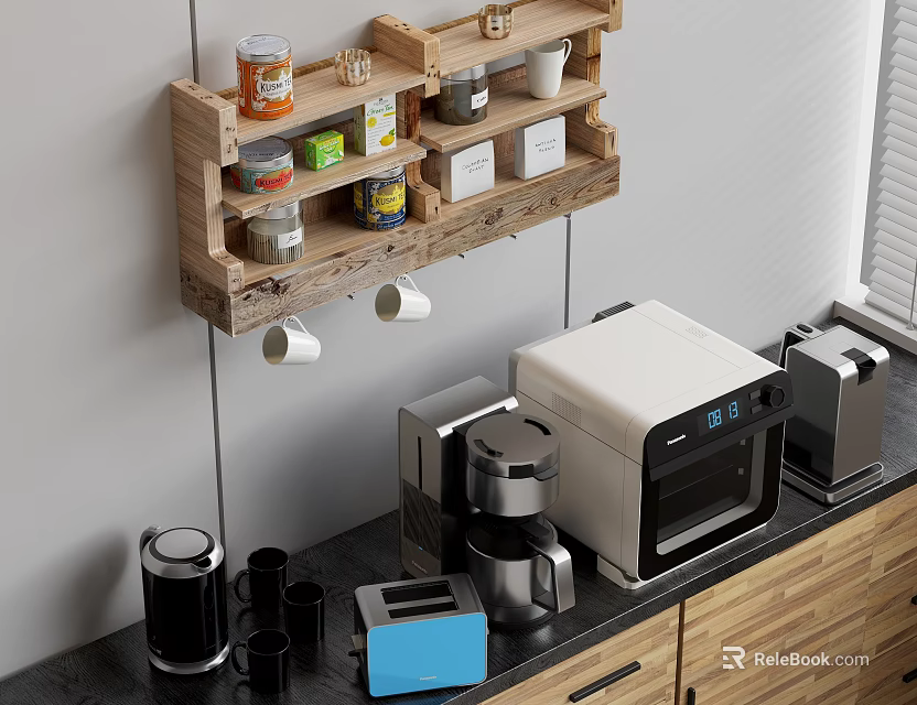 Modern Home Kitchen Countertop With Wooden Shelf Coffee Maker Toaster And Oven Appliances 3d model 