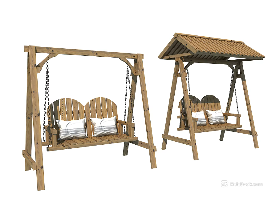 Outdoor Wooden Swing Chair With Two Seat Design And Comfortable Cushions 3d model 
