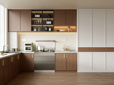 Modern Kitchen Interior Design With Brown And White Cabinets Countertop And Lighting 3d model