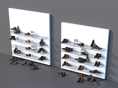 Brown And Black Shoes Displayed On White Shoe Racks With Multiple Shelves 3d model