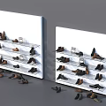Brown And Black Shoes Displayed On White Shoe Racks With Multiple Shelves