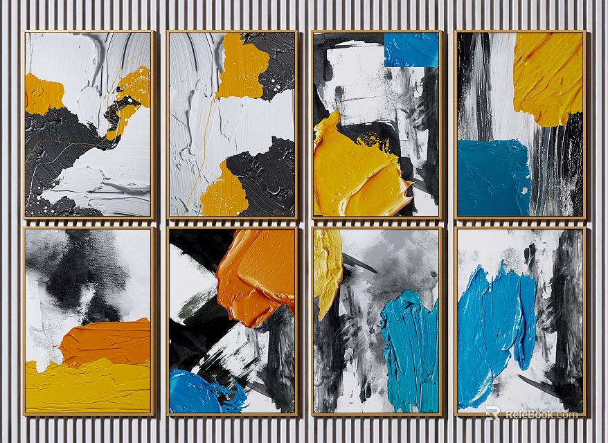 Set of Modern Abstract Oil Paintings Featuring Black White Yellow Blue Hues and Geometric Lines 3d model 