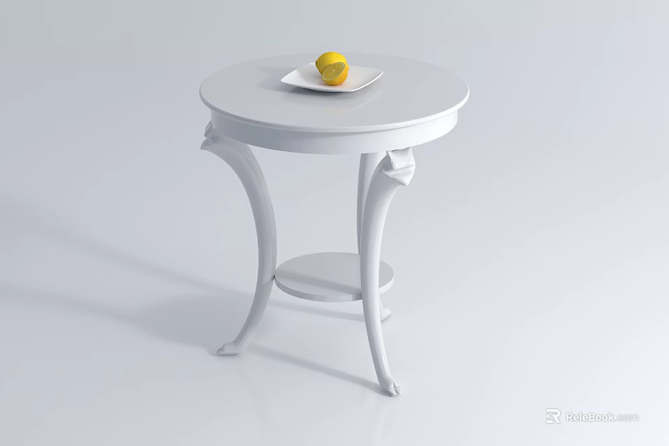 Round White Coffee Table With Carved Legs And Shelf Featuring White Plate Holding Yellow Lemon 3d model 