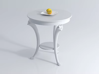 Round White Coffee Table With Carved Legs And Shelf Featuring White Plate Holding Yellow Lemon 3d model