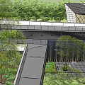 Garden Landscape Design With Lush Trees Walkway Railings And Paved Ground