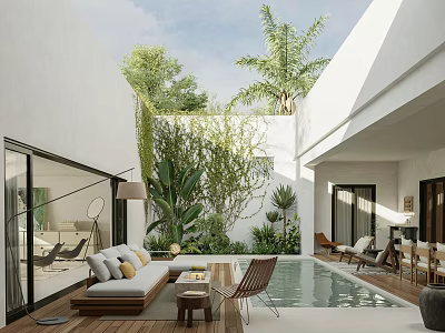 Tropical Courtyard Garden With Swimming Pool White Architecture And Relaxing Seating Area 3d model